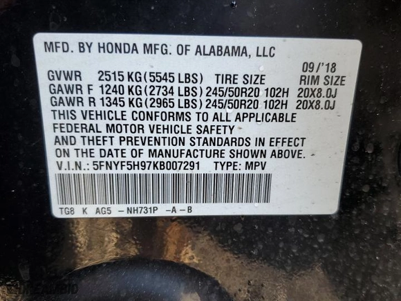 2019 Honda Pilot Touring 8-Passenger with VIN 5FNYF5H97KB007291, listed as a Copart auction lot 47608765 with 70,758 mi miles and Salvage Title. Bid and sale history available at carsss.com. Image 13.