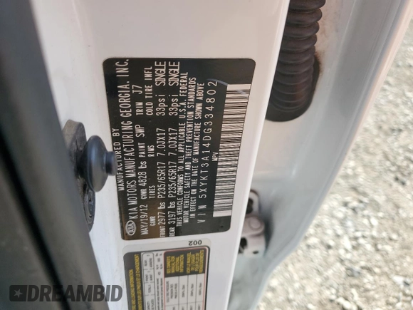 2013 Kia Sorento LX with VIN 5XYKT3A14DG334802, listed as a Copart auction lot 62551155 with 110,915 mi miles and Salvage title. Bid and sale history available at DreamBid. Image 13.