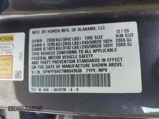 2021 Honda Pilot Special Edition z VIN 5FNYF6H27MB043638, wystawiony jako IAAI lot #42127878 z przebiegiem 50 401 mil mil oraz . Historia ofert i sprzedaży dostępna na DreamBid. Obrazek 9.