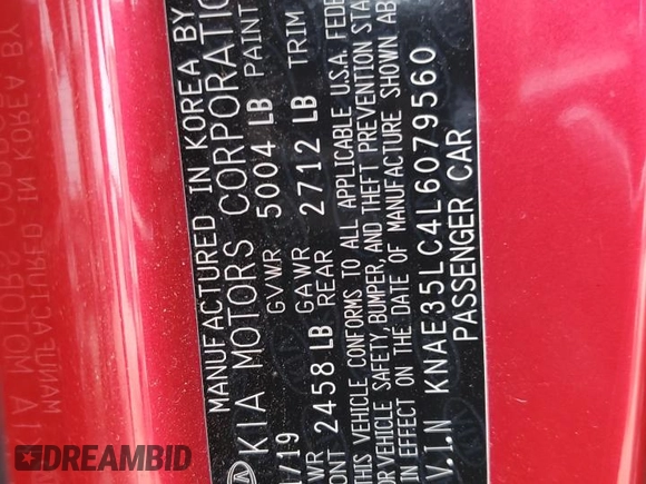 2020 Kia Stinger GT with VIN KNAE35LC4L6079560, listed as a Copart auction lot 72028704 with 50,434 mi miles and Salvage Title. Bid and sale history available at DreamBid. Image 13.