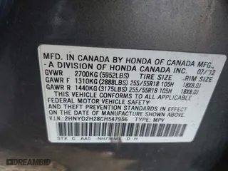 2012 Acura MDX with VIN 2HNYD2H28CH547956, listed as a IAAI auction lot 41748207 with 132,185 mi miles. Bid and sale history available at carsss.com. Image 9.