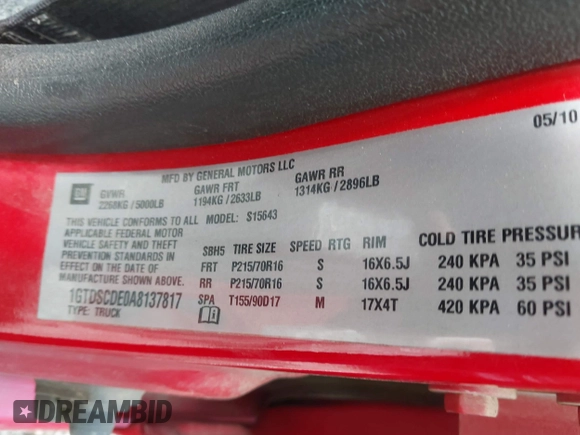 2010 GMC Canyon SLE1 z VIN 1GTDSCDE0A8137817, wystawiony jako IAAI lot #42178917 z przebiegiem 208 192 mil mil oraz . Historia ofert i sprzedaży dostępna na DreamBid. Obrazek 9.