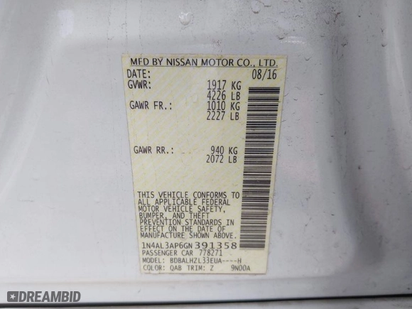 2016 Nissan Altima 2.5 SR with VIN 1N4AL3AP6GN391358, listed as a IAAI auction lot 41323589 with 100,120 mi miles. Bid and sale history available at carsss.com. Image 9.