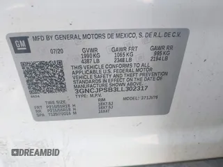 2020 Chevrolet Trax LT with VIN 3GNCJPSB3LL302317, listed as a IAAI auction lot 42492876 with 37,123 mi miles and . Bid and sale history available at DreamBid. Image 9.