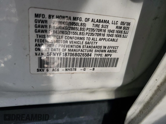 2006 Honda Pilot EX-L with VIN 5FNYF18706B026584, listed as a Copart auction lot 42335965 with 229,794 mi miles and Salvage Title. Bid and sale history available at DreamBid. Image 15.