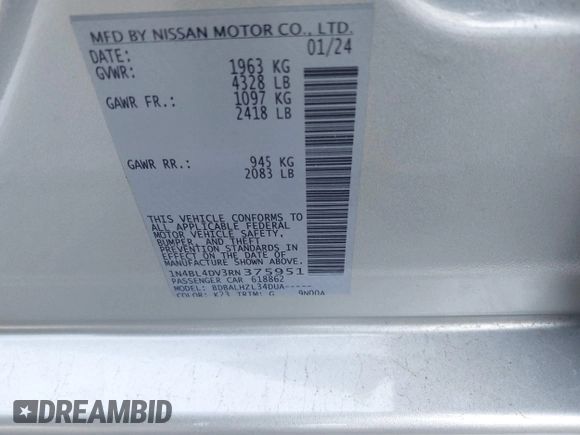 2024 Nissan Altima SV z VIN 1N4BL4DV3RN375951, wystawiony jako IAAI lot #42334342 z przebiegiem 24 068 mil mil oraz . Historia ofert i sprzedaży dostępna na DreamBid. Obrazek 9.