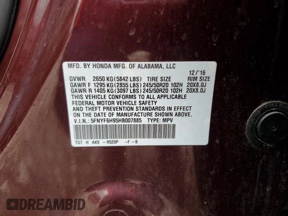 2017 Honda Pilot Touring with VIN 5FNYF6H95HB007885, listed as a Copart auction lot 50945215 with 118,699 mi miles and Clean Title. Bid and sale history available at DreamBid. Image 14.