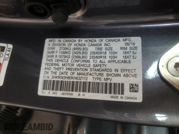 2019 Honda CR-V EX-L with VIN 2HKRW2H80KH632112, listed as a Copart auction lot 56723642 with 36,641 mi miles and . Bid and sale history available at DreamBid. Image 10.