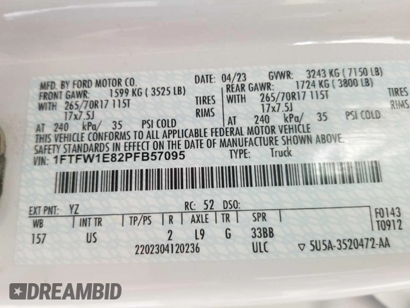 2023 Ford F-150 XL с VIN 1FTFW1E82PFB57095, выставлен на аукционе IAAI как лот 42832812 с пробегом 116 395 миль миль и . История ставок и продаж доступна на DreamBid. Изображение 4.