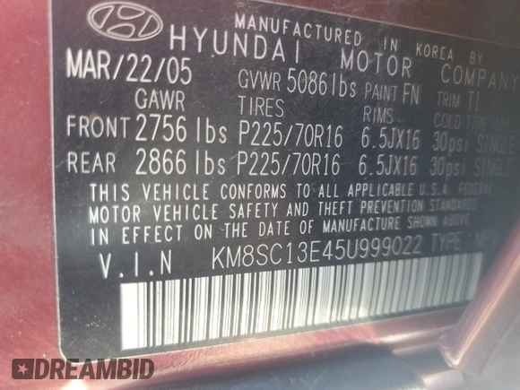 2005 Hyundai Santa Fe GLS with VIN KM8SC13E45U999022, listed as a Copart auction lot 76957124 with 140,249 mi miles and Clean Title. Bid and sale history available at carsss.com. Image 13.