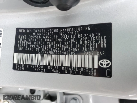 2024 Toyota Corolla LE with VIN 5YFB4MDE5RP108885, listed as a Copart auction lot 49591625 with 26,433 mi miles and Salvage Title. Bid and sale history available at carsss.com. Image 13.