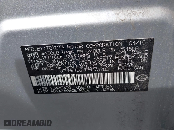 2015 Lexus IS 250 with VIN JTHBF1D24F5073780, listed as a IAAI auction lot 41953157 with 104,239 mi miles. Bid and sale history available at carsss.com. Image 9.