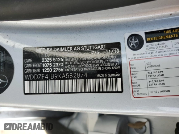 2019 Mercedes-Benz E-Class E 300 with VIN WDDZF4JB9KA582874, listed as a Copart auction lot 53976235 with 42,445 mi miles and Salvage Title. Bid and sale history available at carsss.com. Image 12.