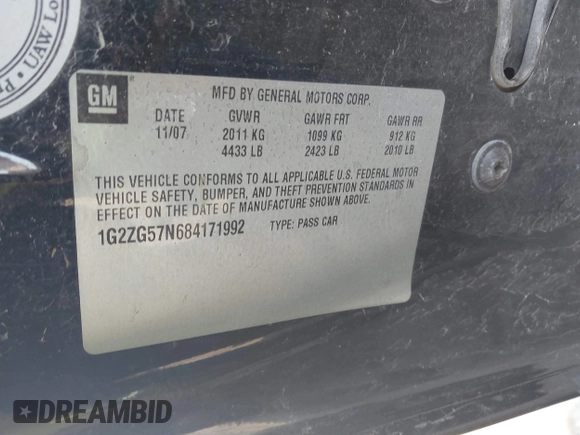 2008 Pontiac G6 with VIN 1G2ZG57N684171992, listed as a IAAI auction lot 42014531 with 1 mi miles. Bid and sale history available at carsss.com. Image 9.