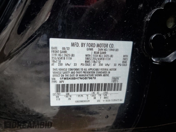 2022 Ford Explorer with VIN 1FMSK8BH7NGB79670, listed as a Copart auction lot 49423615 with 30,559 mi miles and Salvage title. Bid and sale history available at DreamBid. Image 14.