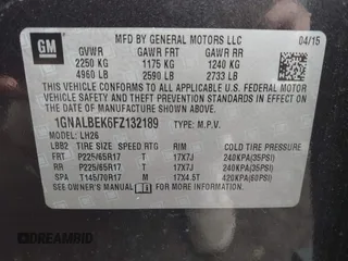 2015 Chevrolet Equinox LT with VIN 1GNALBEK6FZ132189, listed as a IAAI auction lot 42737622 with 134,934 mi miles and . Bid and sale history available at DreamBid. Image 9.