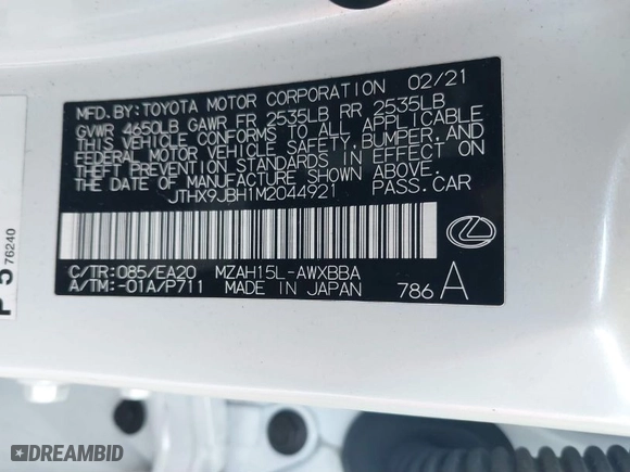 2021 Lexus UX with VIN JTHX9JBH1M2044921, listed as a IAAI auction lot 41539075 with 42,249 mi miles. Bid and sale history available at carsss.com. Image 9.