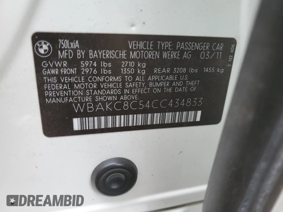 2012 BMW 7 Series 750Li xDrive z VIN WBAKC8C54CC434833, wystawiony jako Copart lot #69899284 z przebiegiem 110 959 mil mil oraz Szkoda całkowita • Salvage title. Historia ofert i sprzedaży dostępna na DreamBid. Obrazek 13.