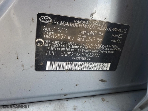 2015 Hyundai Sonata 2.4L SE with VIN 5NPE24AF2FH062277, listed as a Copart auction lot 50461005 with 145,628 mi miles and Salvage Title. Bid and sale history available at carsss.com. Image 12.