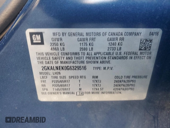 2016 GMC Terrain SLE with VIN 2GKALNEK0G6329516, listed as a Copart auction lot 85794194 with 188,592 mi miles and Salvage Title. Bid and sale history available at carsss.com. Image 13.