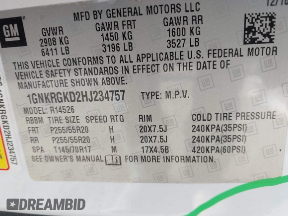 2017 Chevrolet Traverse LT with VIN 1GNKRGKD2HJ234757, listed as a IAAI auction lot 41718349 with 126,291 mi miles and . Bid and sale history available at DreamBid. Image 9.