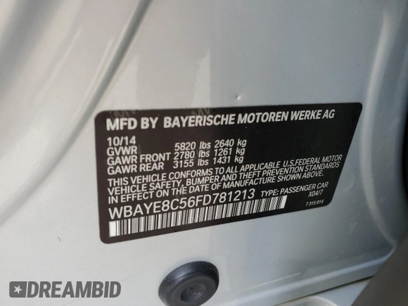 2015 BMW 7 Series 750Li z VIN WBAYE8C56FD781213, wystawiony jako Copart lot #55843955 z przebiegiem 63 899 mil mil oraz Szkoda całkowita • Salvage title. Historia ofert i sprzedaży dostępna na DreamBid. Obrazek 13.