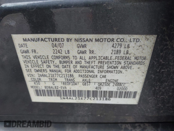 2007 Nissan Altima 2.5 S with VIN 1N4AL21E77C213186, listed as a IAAI auction lot 42071858 with 177,739 mi miles. Bid and sale history available at carsss.com. Image 9.