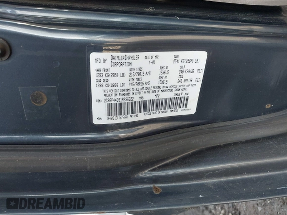 2001 Chrysler Town & Country with VIN 2C8GP44391R336922, listed as a IAAI auction lot 41667407 with 283,359 mi miles and . Bid and sale history available at DreamBid. Image 9.