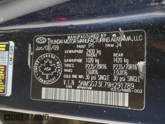 2009 Hyundai Santa Fe GL with VIN 5NMSG73E79H291789, listed as a Copart auction lot 86212984 with 249,365 mi miles and Salvage title. Bid and sale history available at DreamBid. Image 13.
