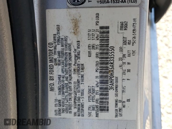 2010 Ford Fusion SE with VIN 3FAHP0HA5AR335550, listed as a Copart auction lot 49615935 with 243,934 mi miles and Non Repairable. Bid and sale history available at DreamBid. Image 13.