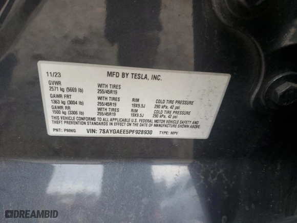 2023 Tesla Model Y Long Range with VIN 7SAYGAEE5PF928930, listed as a Copart auction lot 81572254 with 28,624 mi miles and Salvage Title. Bid and sale history available at carsss.com. Image 12.
