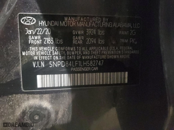 2020 Hyundai Elantra SEL with VIN 5NPD84LF1LH582747, listed as a Copart auction lot 85888644 with 82,593 mi miles and Salvage Title. Bid and sale history available at carsss.com. Image 12.