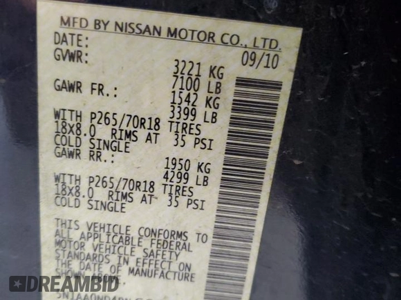 2011 Nissan Armada SV with VIN 5N1AA0ND4BN602883, listed as a Copart auction lot 42080815 with 225,898 mi miles and Salvage Title. Bid and sale history available at DreamBid. Image 13.