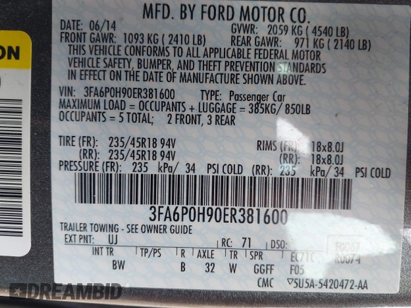 2014 Ford Fusion SE with VIN 3FA6P0H90ER381600, listed as a IAAI auction lot 41891817 with 82,141 mi miles and . Bid and sale history available at carsss.com. Image 9.