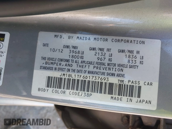 2013 Mazda 3 i SV with VIN JM1BL1TF6D1737693, listed as a IAAI auction lot 42007000 with 248,685 mi miles and . Bid and sale history available at carsss.com. Image 9.
