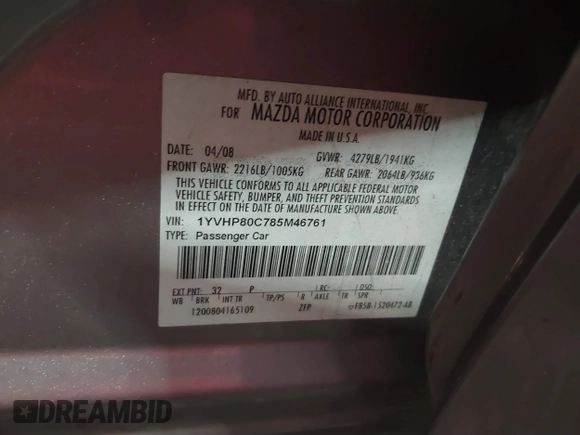 2008 Mazda 6 i Sport VE with VIN 1YVHP80C785M46761, listed as a IAAI auction lot 41785245 with 162,322 mi miles. Bid and sale history available at carsss.com. Image 9.
