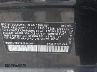 2010 Volkswagen CC with VIN WVWEU7AN7AE564004, listed as a IAAI auction lot 41707672 with 146,041 mi miles and . Bid and sale history available at DreamBid. Image 9.