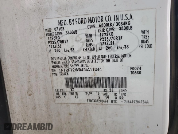 2004 Ford F-150 XL z VIN 1FTRF12W04NA11344, wystawiony jako Copart lot #56176505 z przebiegiem 207 604 mil mil oraz Szkoda całkowita • Salvage title. Historia ofert i sprzedaży dostępna na DreamBid. Obrazek 12.