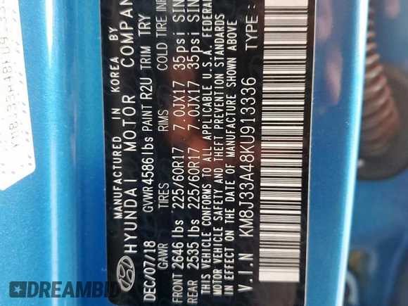 2019 Hyundai Tucson Value with VIN KM8J33A48KU913336, listed as a Copart auction lot 57070025 with 83,037 mi miles and Salvage title. Bid and sale history available at DreamBid. Image 13.