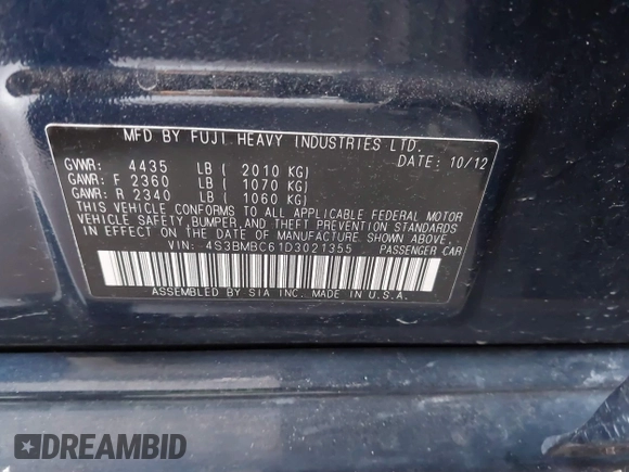 2013 Subaru Legacy Premium with VIN 4S3BMBC61D3021355, listed as a IAAI auction lot 42657875 with 169,394 mi miles and . Bid and sale history available at DreamBid. Image 9.