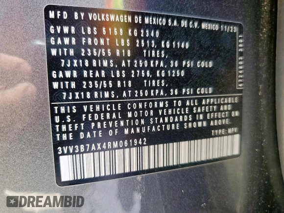 2024 Volkswagen Tiguan SE with VIN 3VV3B7AX4RM061942, listed as a Copart auction lot 61206695 with 27,128 mi miles and Salvage title. Bid and sale history available at DreamBid. Image 13.