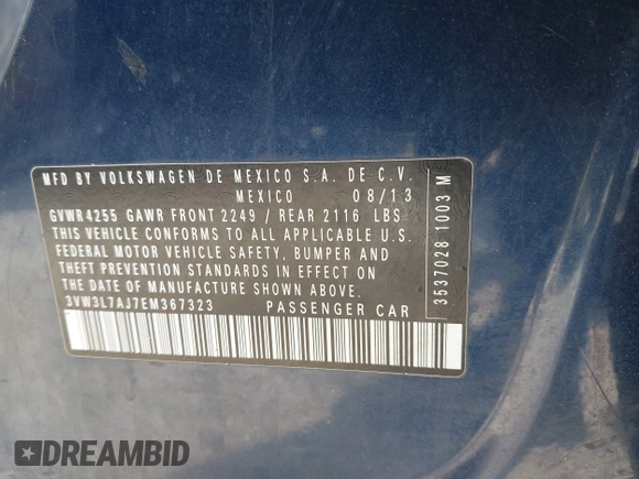 2014 Volkswagen Jetta TDI w/Premium with VIN 3VW3L7AJ7EM367323, listed as a IAAI auction lot 41419079 with 166,511 mi miles and . Bid and sale history available at DreamBid. Image 9.