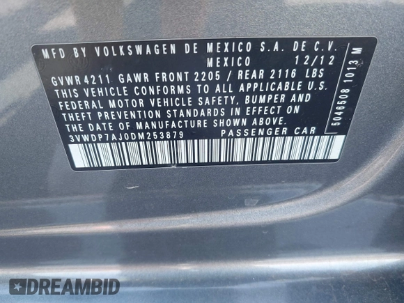 2013 Volkswagen Jetta SE z VIN 3VWDP7AJ0DM253879, wystawiony jako IAAI lot #42224779 z przebiegiem 215 268 mil mil oraz . Historia ofert i sprzedaży dostępna na DreamBid. Obrazek 9.