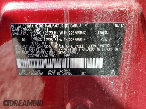 2018 Toyota RAV4 XLE with VIN 2T3RFREVXJW715931, listed as a Copart auction lot 48130715 with 106,324 mi miles and Salvage Title. Bid and sale history available at DreamBid. Image 14.