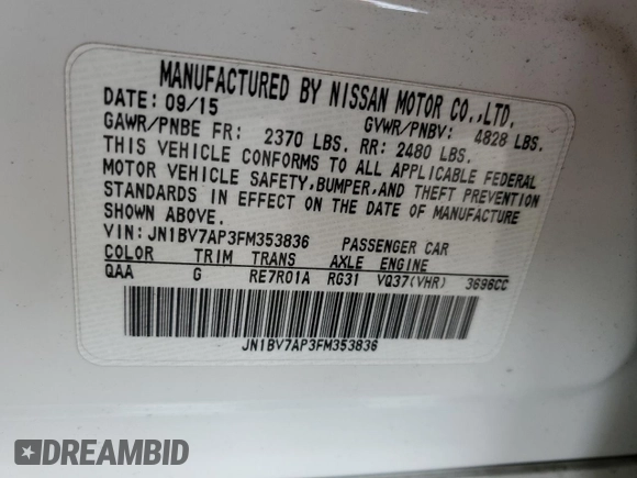 2015 Infiniti Q50 Sport with VIN JN1BV7AP3FM353836, listed as a Copart auction lot 54265965 with 101,602 mi miles and Salvage title. Bid and sale history available at DreamBid. Image 12.