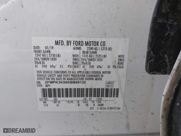 2019 Ford Edge Titanium with VIN 2FMPK3K96KBB68132, listed as a IAAI auction lot 41742275 with 91,339 mi miles. Bid and sale history available at carsss.com. Image 9.