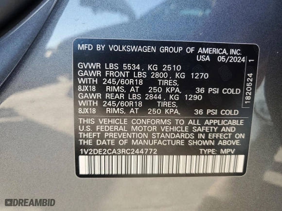 2024 Volkswagen Atlas Cross Sport 2.0T SE with VIN 1V2DE2CA3RC244772, listed as a Copart auction lot 81523574 with 7,369 mi miles and Salvage Title. Bid and sale history available at carsss.com. Image 13.