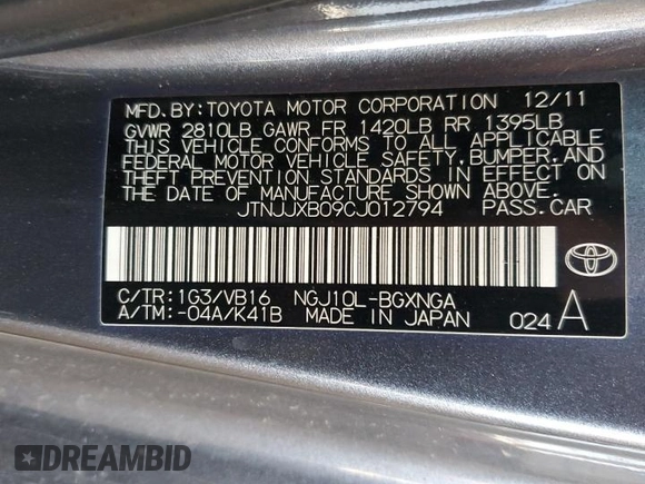 2012 Scion iQ z VIN JTNJJXB09CJ012794, wystawiony jako Copart lot #52983435 z przebiegiem 135 927 mil mil oraz Szkoda całkowita • Salvage title. Historia ofert i sprzedaży dostępna na DreamBid. Obrazek 12.