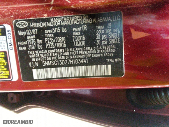 2007 Hyundai Santa Fe GLS with VIN 5NMSG13D27H103441, listed as a IAAI auction lot 42011361 with 246,590 mi miles. Bid and sale history available at carsss.com. Image 9.