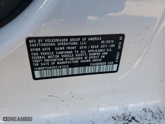 2013 Volkswagen Passat SE with VIN 1VWBP7A3XDC141312, listed as a Copart auction lot 45361805 with 103,070 mi miles and Clean Title. Bid and sale history available at carsss.com. Image 12.